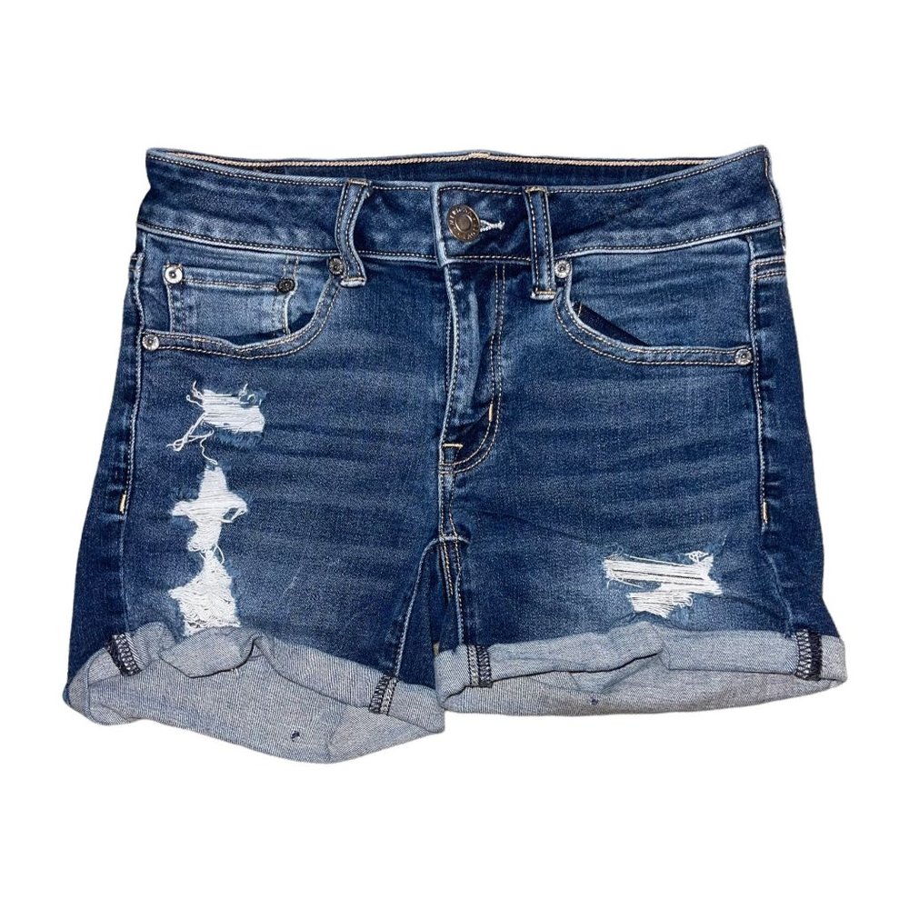 American Eagle Distressed Womens Booty Shorts 2 Cuffed Frayed Midi Medium Wash
